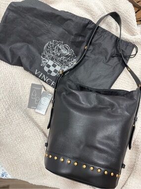 Vince Black Leather Stud-Trim Bucket Shoulder Bag